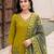 Green premium mal chanderi star cut embroidered kurta set with pant & cotton printed dupatta