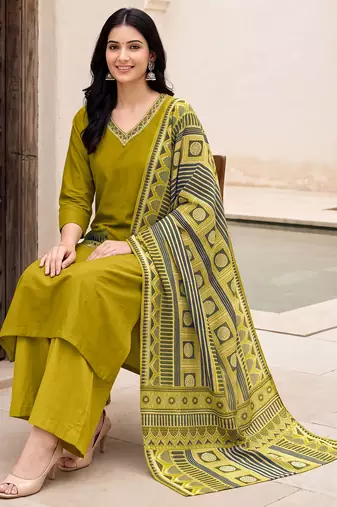 Green premium mal chanderi star cut embroidered kurta set with pant & cotton printed dupatta