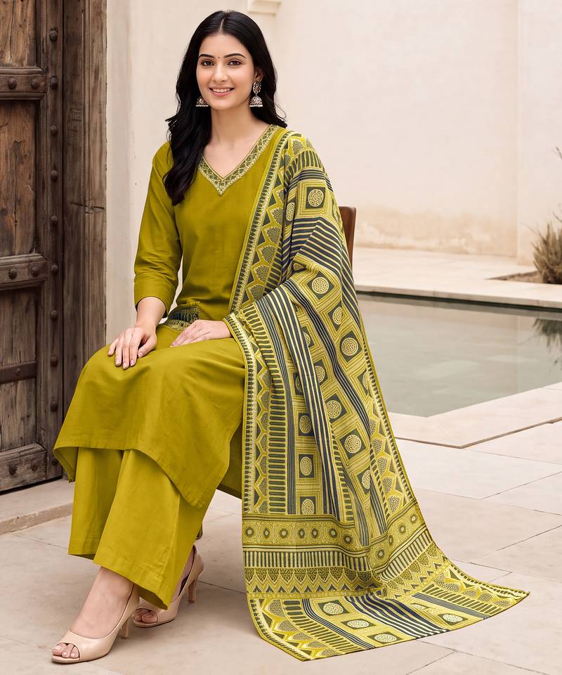 Green premium mal chanderi star cut embroidered kurta set with pant & cotton printed dupatta