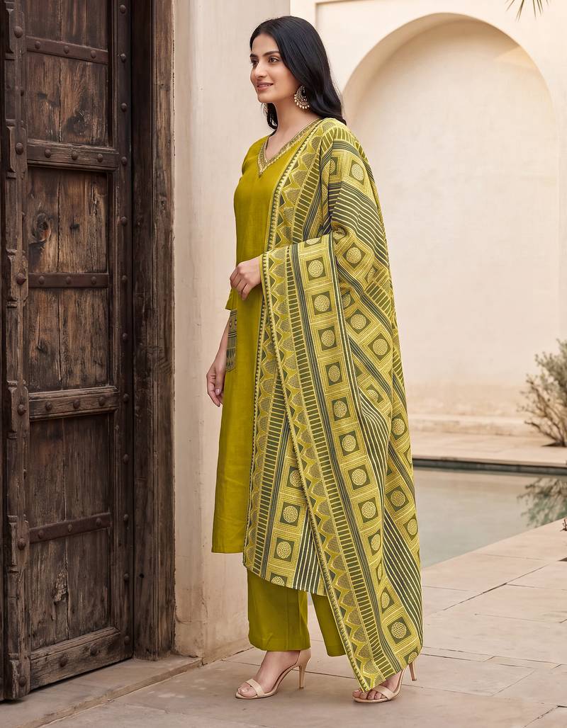 Green premium mal chanderi star cut embroidered kurta set with pant & cotton printed dupatta
