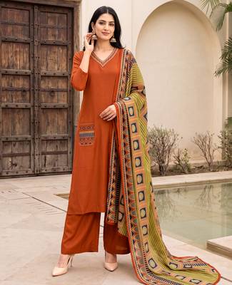 Orange premium mal chanderi star cut embroidered kurta set with pant & cotton printed dupatta 1