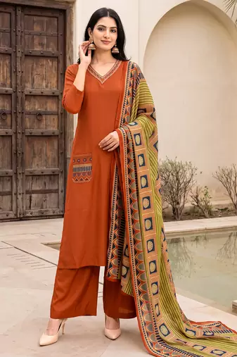 Orange premium mal chanderi star cut embroidered kurta set with pant & cotton printed dupatta