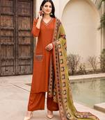Orange premium mal chanderi star cut embroidered kurta set with pant & cotton printed dupatta