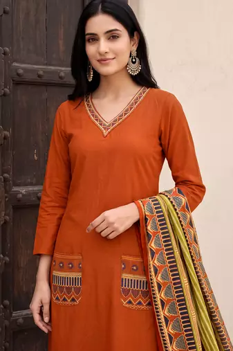 Orange premium mal chanderi star cut embroidered kurta set with pant & cotton printed dupatta