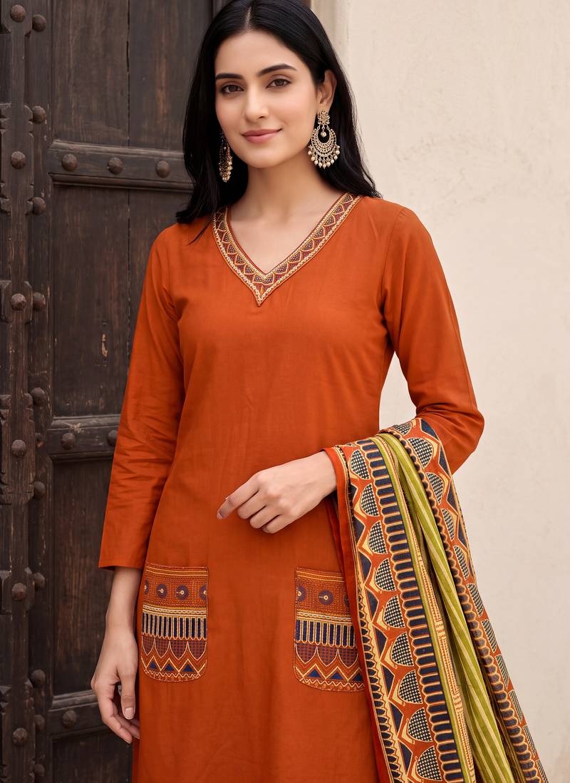 Orange premium mal chanderi star cut embroidered kurta set with pant & cotton printed dupatta