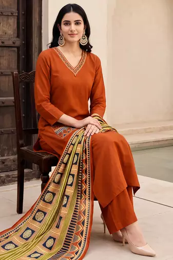 Orange premium mal chanderi star cut embroidered kurta set with pant & cotton printed dupatta