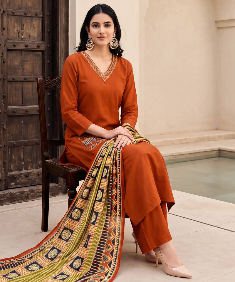 Orange premium mal chanderi star cut embroidered kurta set with pant & cotton printed dupatta