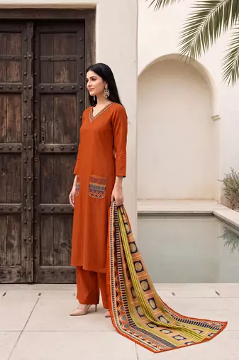 Orange premium mal chanderi star cut embroidered kurta set with pant & cotton printed dupatta