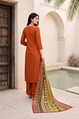 Orange premium mal chanderi star cut embroidered kurta set with pant & cotton printed dupatta 5