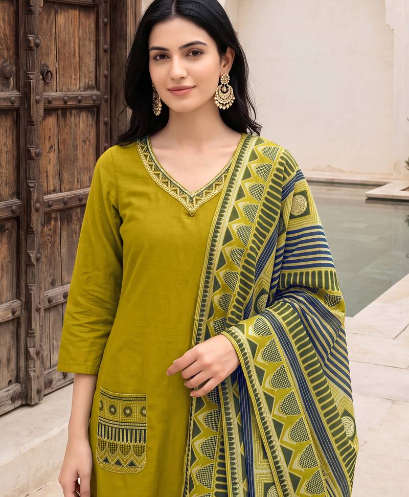 Green premium mal chanderi star cut embroidered kurta set with pant & cotton printed dupatta