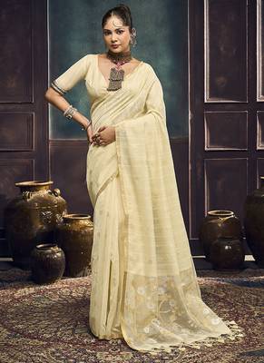 off white cotton blend handloom weaving casual wear saree 1