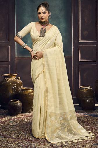 off white cotton blend handloom weaving casual wear saree