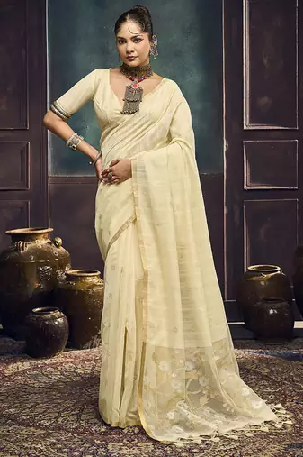 off white cotton blend handloom weaving casual wear saree