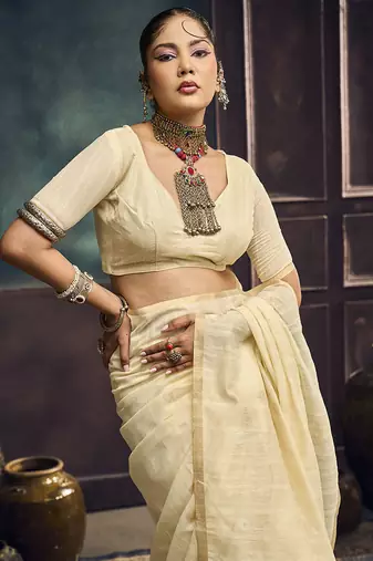 off white cotton blend handloom weaving casual wear saree
