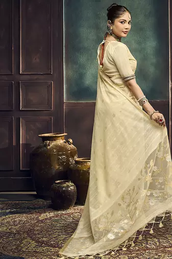 off white cotton blend handloom weaving casual wear saree