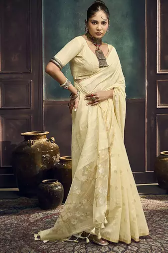 off white cotton blend handloom weaving casual wear saree