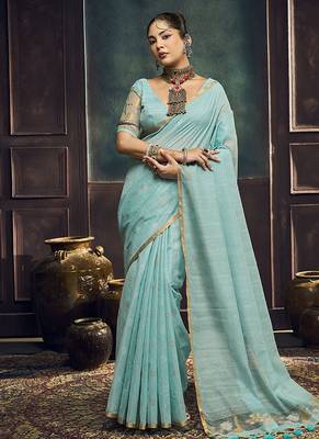 sky blue cotton blend handloom weaving casual wear saree 1