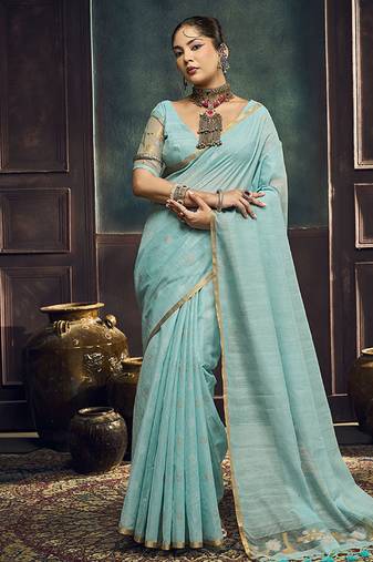 sky blue cotton blend handloom weaving casual wear saree