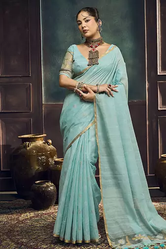 sky blue cotton blend handloom weaving casual wear saree