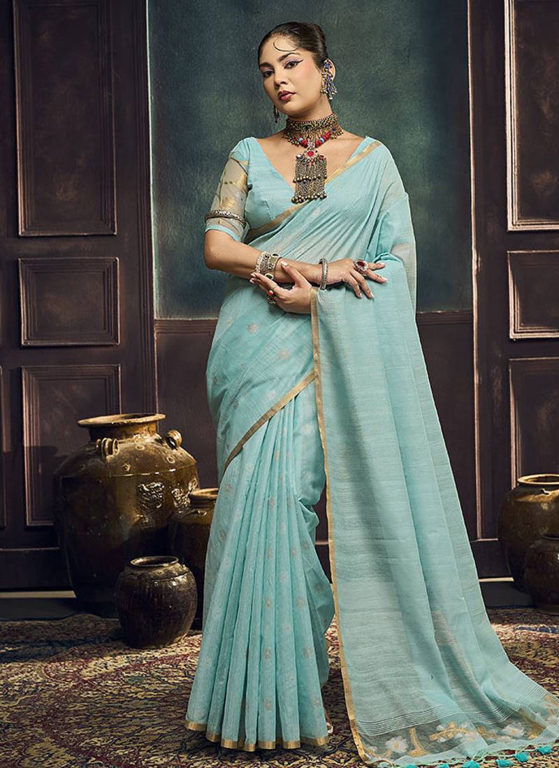 sky blue cotton blend handloom weaving casual wear saree
