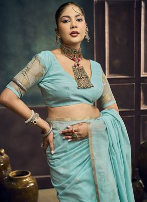 sky blue cotton blend handloom weaving casual wear saree 2