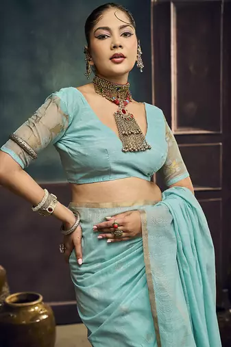 sky blue cotton blend handloom weaving casual wear saree