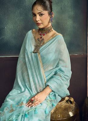 sky blue cotton blend handloom weaving casual wear saree 3