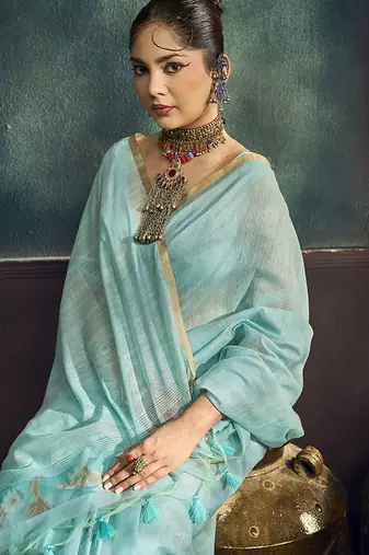 sky blue cotton blend handloom weaving casual wear saree