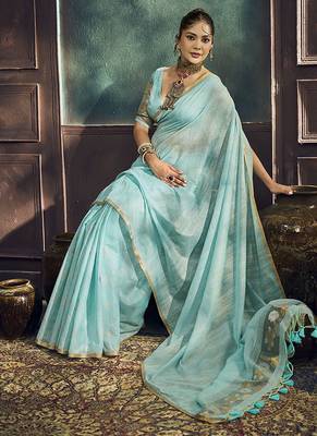 sky blue cotton blend handloom weaving casual wear saree 4