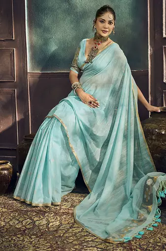 sky blue cotton blend handloom weaving casual wear saree