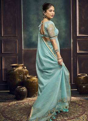 sky blue cotton blend handloom weaving casual wear saree 5