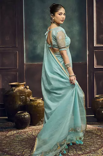 sky blue cotton blend handloom weaving casual wear saree