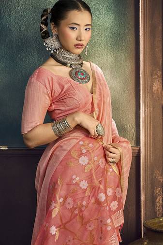 peach cotton blend handloom weaving casual wear saree