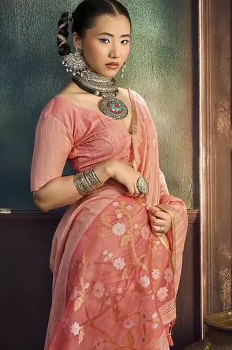peach cotton blend handloom weaving casual wear saree