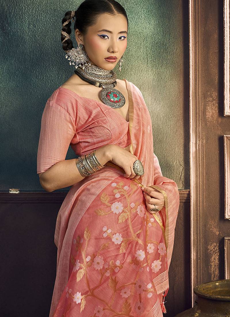 peach cotton blend handloom weaving casual wear saree