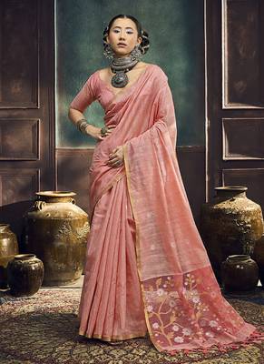 peach cotton blend handloom weaving casual wear saree 2