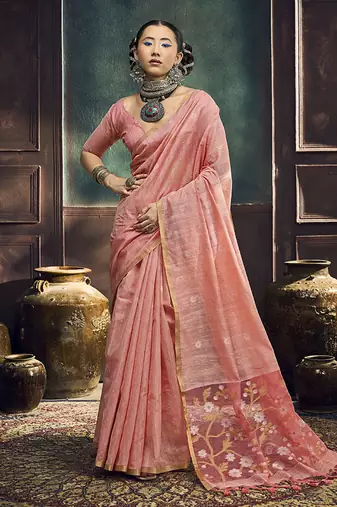 peach cotton blend handloom weaving casual wear saree