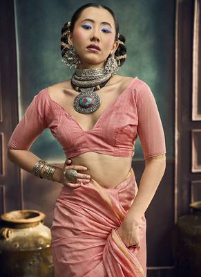 peach cotton blend handloom weaving casual wear saree 3