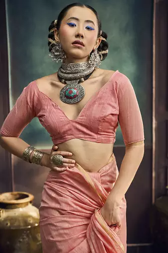peach cotton blend handloom weaving casual wear saree