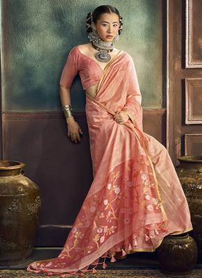 peach cotton blend handloom weaving casual wear saree 4