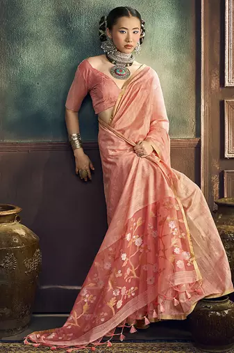 peach cotton blend handloom weaving casual wear saree