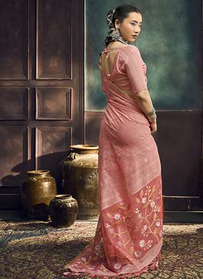 peach cotton blend handloom weaving casual wear saree 5