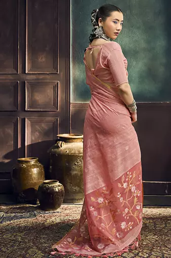 peach cotton blend handloom weaving casual wear saree