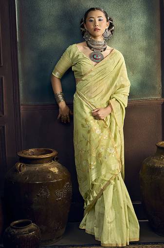 light lemon cotton blend handloom weaving casual wear saree