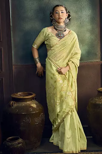 light lemon cotton blend handloom weaving casual wear saree