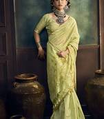 light lemon cotton blend handloom weaving casual wear saree