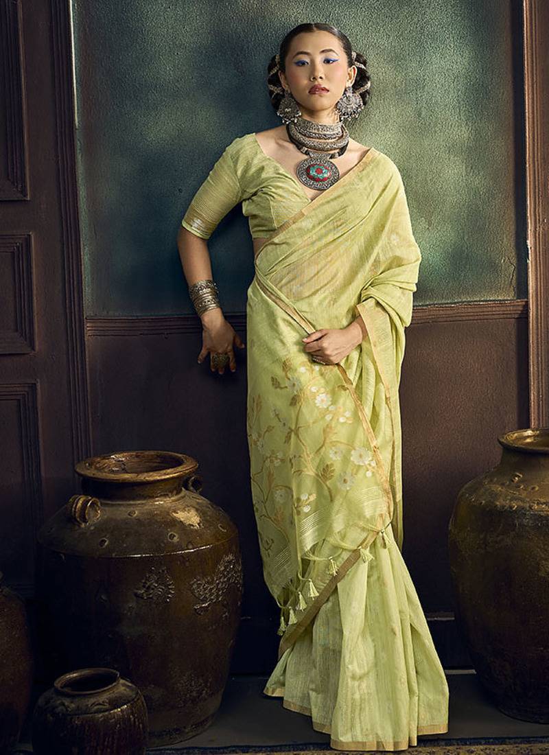 light lemon cotton blend handloom weaving casual wear saree