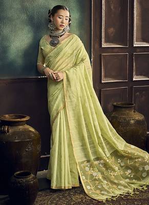 light lemon cotton blend handloom weaving casual wear saree 2