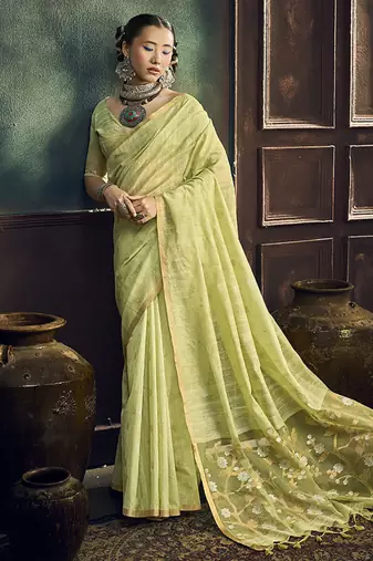 light lemon cotton blend handloom weaving casual wear saree