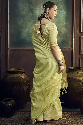 light lemon cotton blend handloom weaving casual wear saree